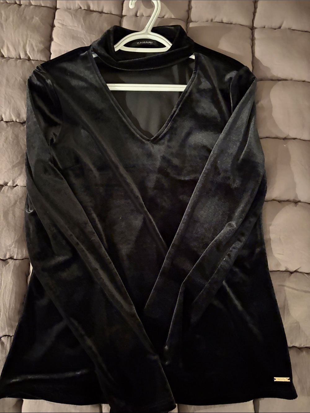 Tahari Black Velvet Long Sleeve V-Neck Mock Collar Dress
